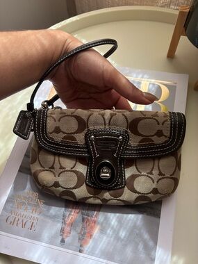 Vintage Coach Brown Signature Canvas Wristlet with Dark Brown Trim